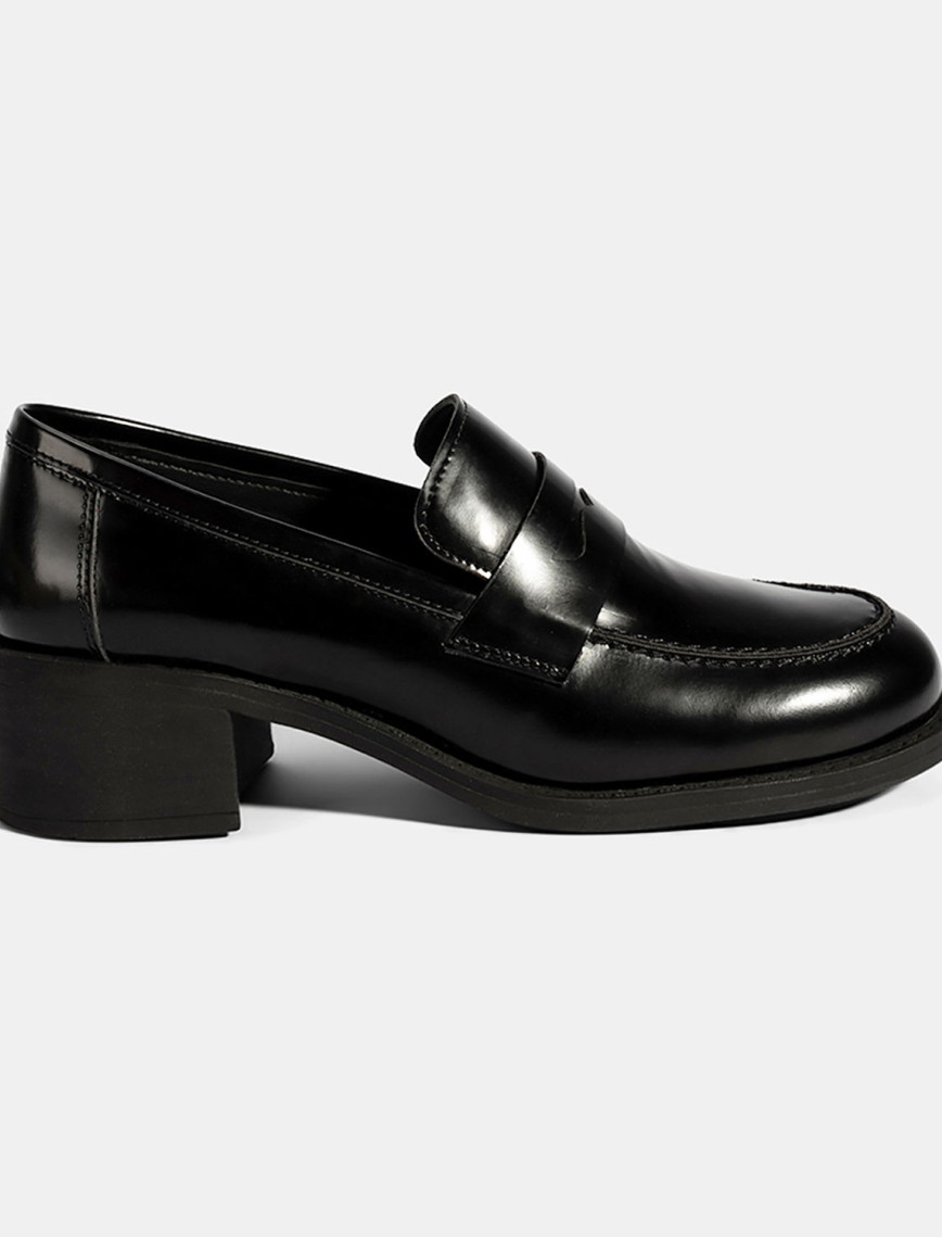 Kadın Siyah Topuklu Deri Loafer