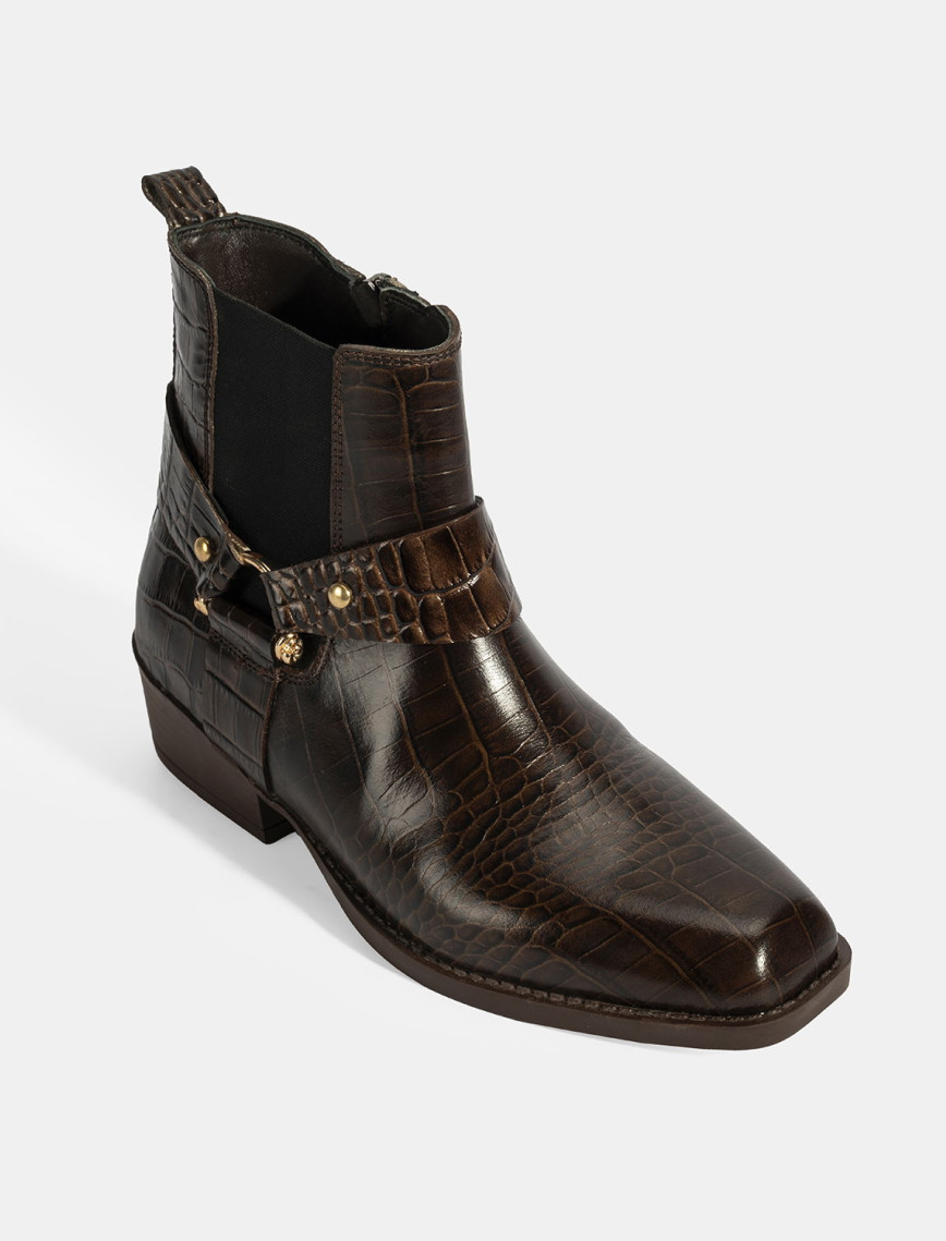 Kadın Kahve Kroko Baskılı Lastik Detaylı Deri Bot Kadın Kahve Kroko Baskılı Lastik Detaylı Deri Bot