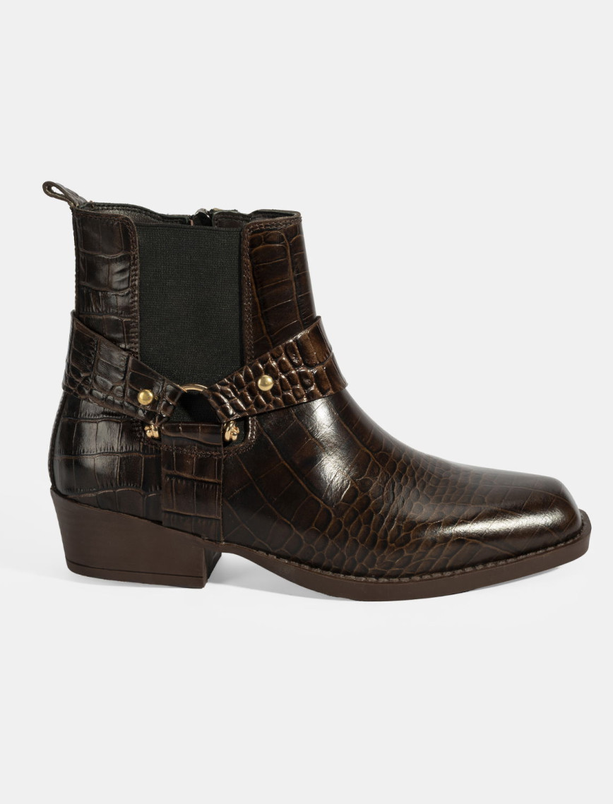 Kadın Kahve Kroko Baskılı Lastik Detaylı Deri Bot Kadın Kahve Kroko Baskılı Lastik Detaylı Deri Bot