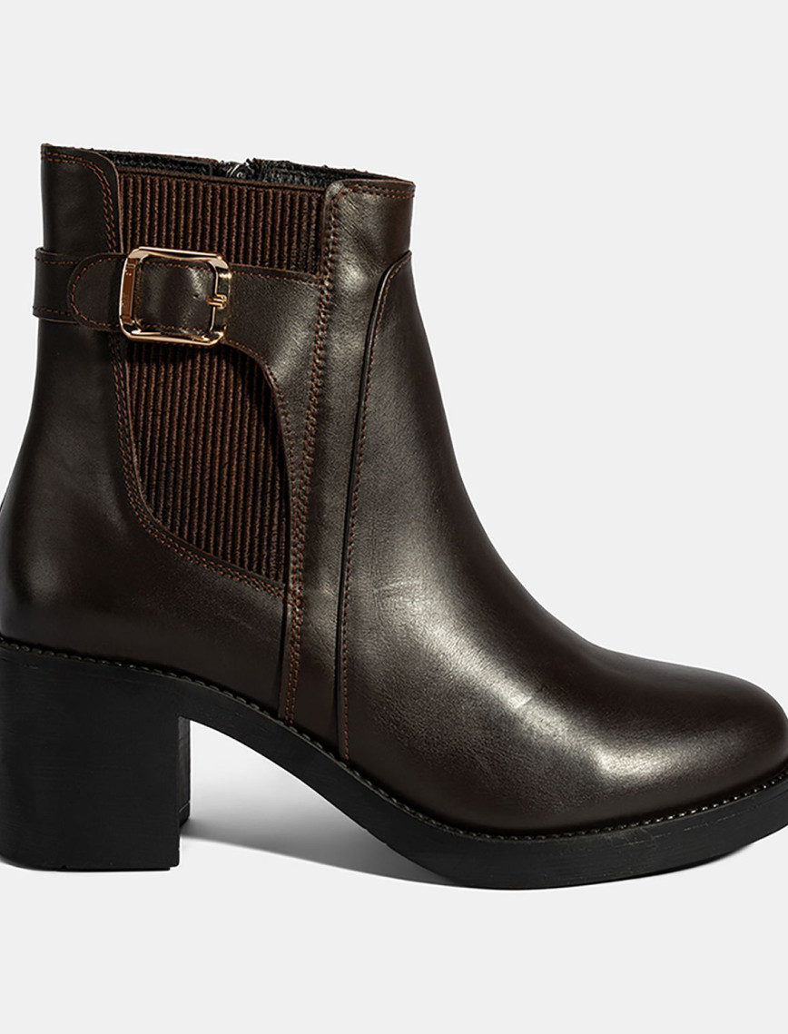 Kadın Kahve Metal Toka Detaylı Topuklu Deri Bot Kadın Kahve Metal Toka Detaylı Topuklu Deri Bot