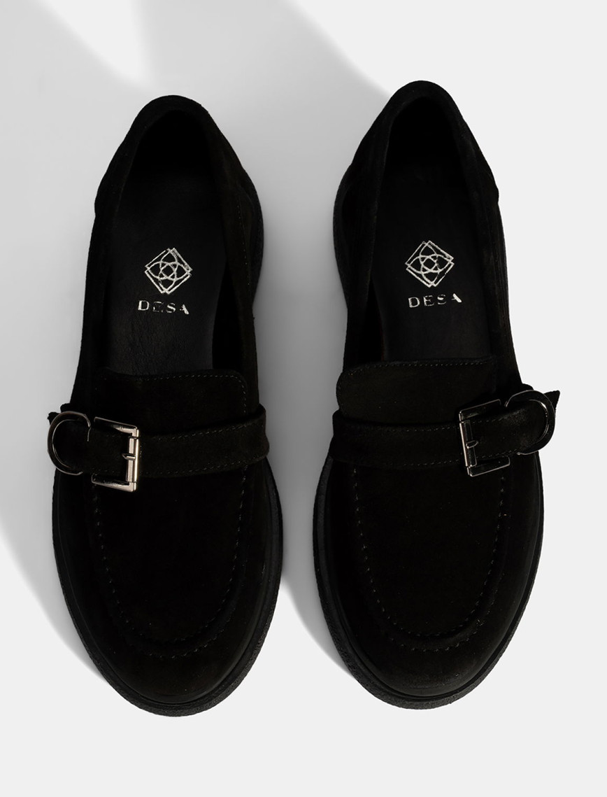 Kadın Siyah Metal Toka Detaylı Süet Loafer Kadın Siyah Metal Toka Detaylı Süet Loafer