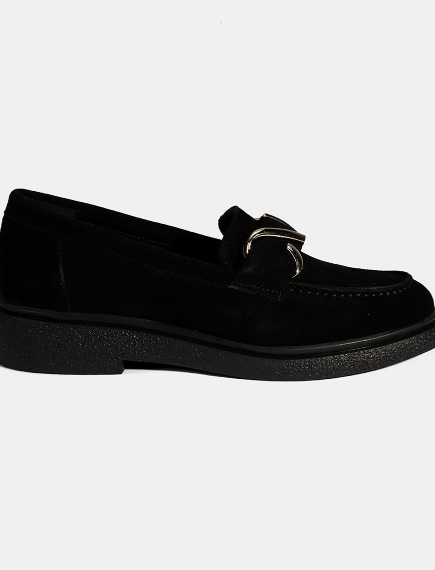 Kadın Siyah Metal Toka Detaylı Süet Loafer Kadın Siyah Metal Toka Detaylı Süet Loafer