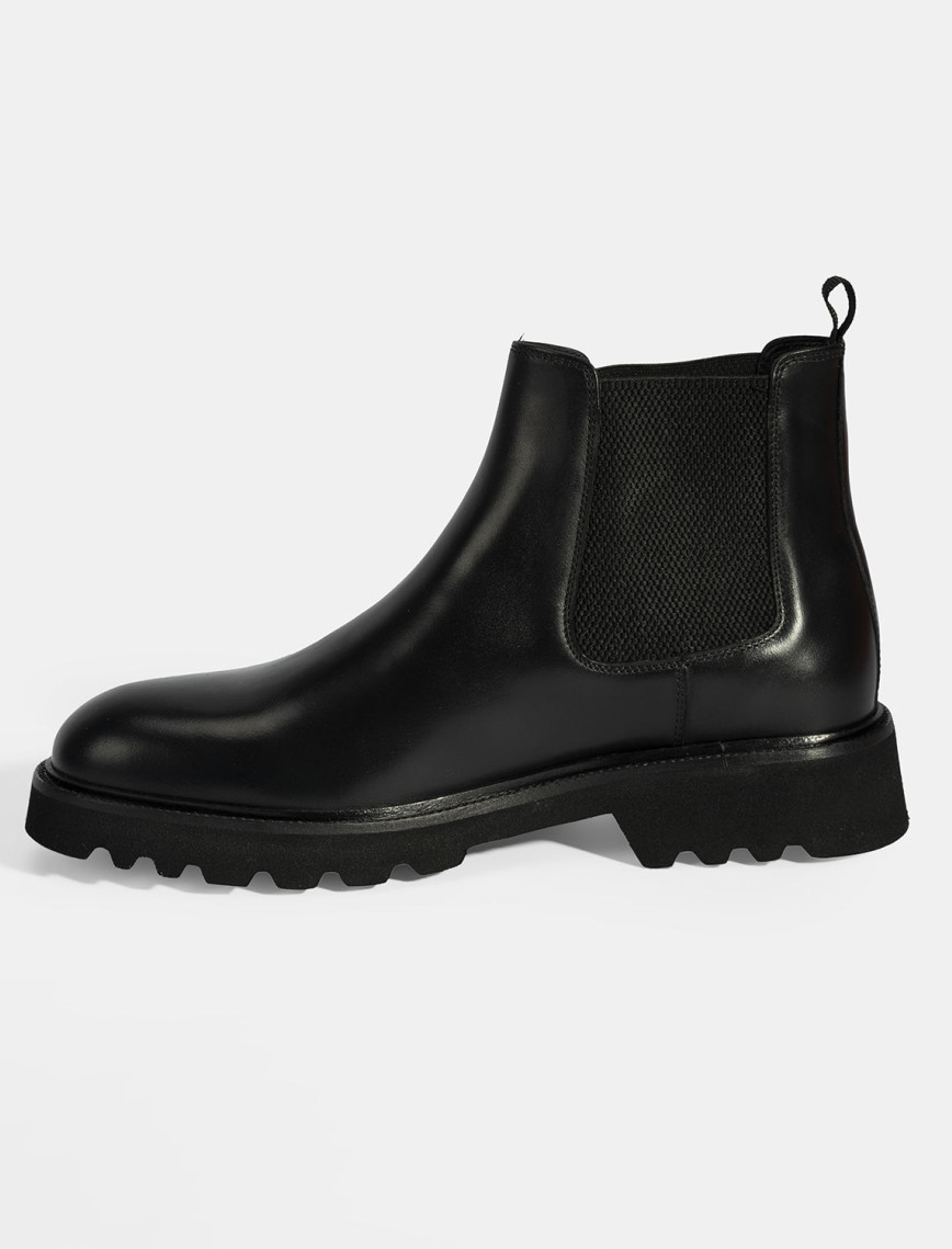 Erkek Siyah Lastik Detaylı Deri Bot Erkek Siyah Lastik Detaylı Deri Bot