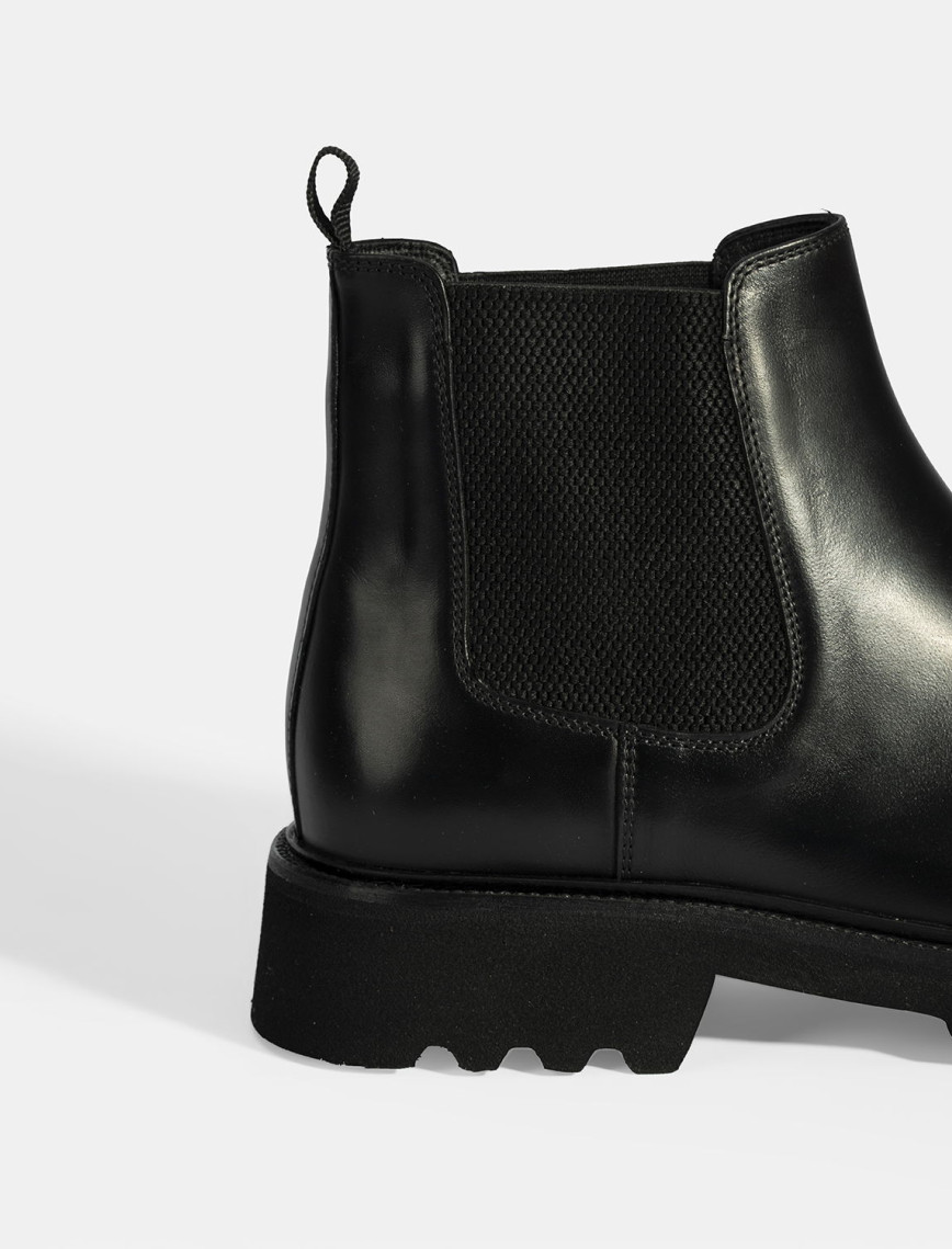 Erkek Siyah Lastik Detaylı Deri Bot Erkek Siyah Lastik Detaylı Deri Bot
