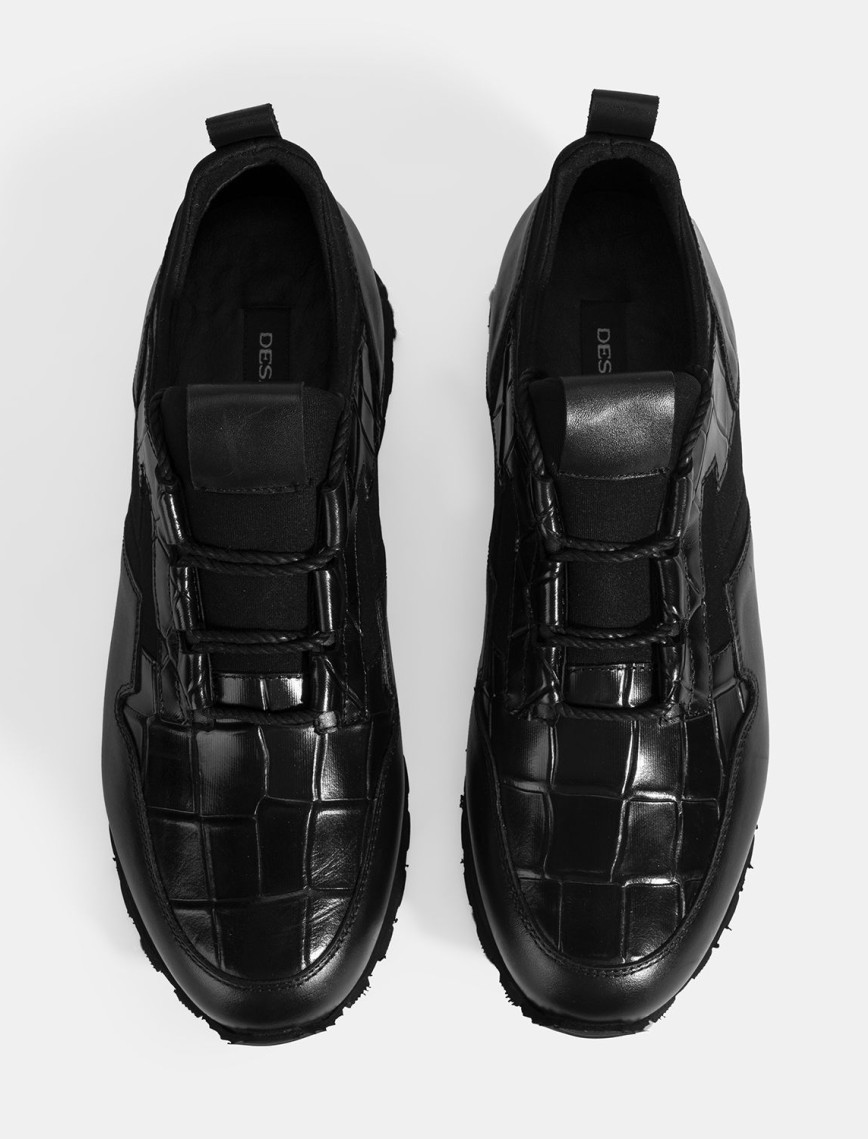 Erkek Siyah Kroko Baskılı Bağcıklı Deri Spor Ayakkabı Erkek Siyah Kroko Baskılı Bağcıklı Deri Spor Ayakkabı