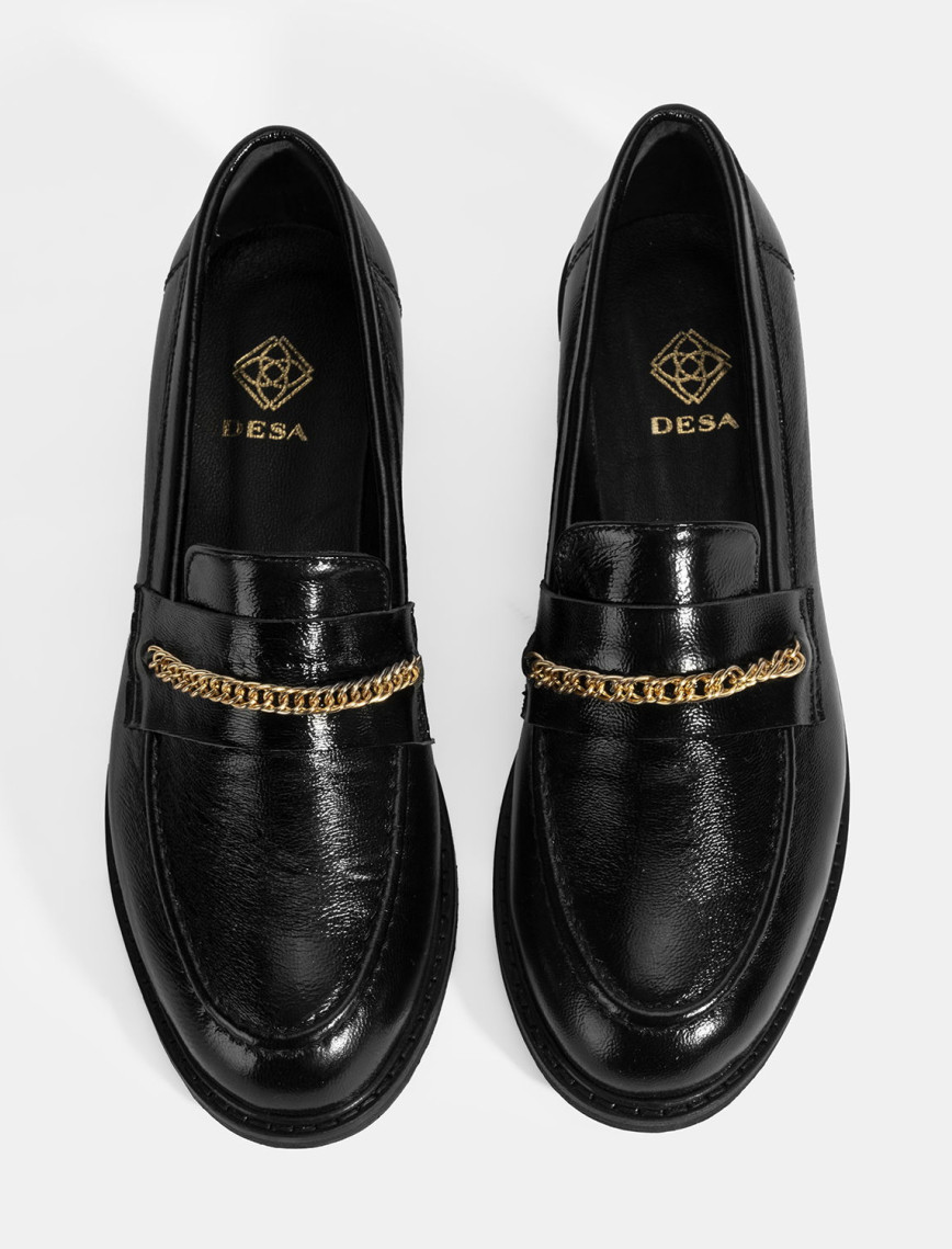 Kadın Siyah Zincir Aksesuarlı Deri Loafer Kadın Siyah Zincir Aksesuarlı Deri Loafer