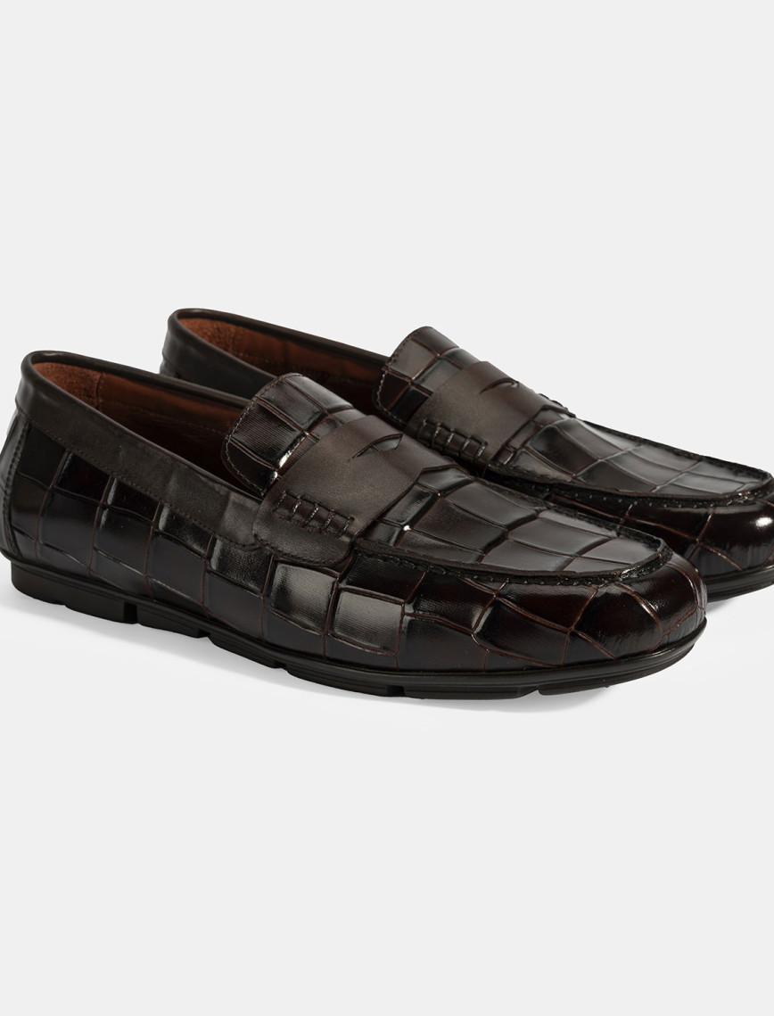 Erkek Siyah Kroko Baskılı Deri Loafer Erkek Siyah Kroko Baskılı Deri Loafer