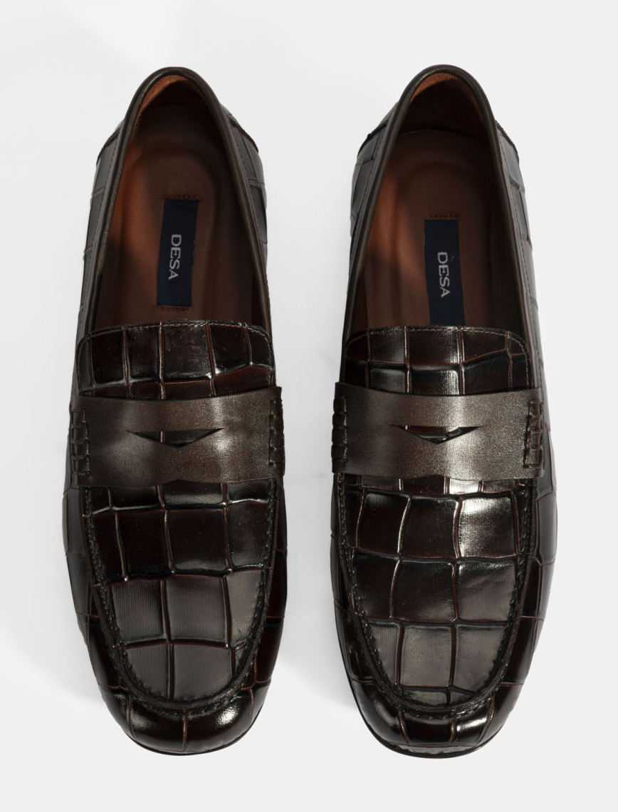 Erkek Kahve Kroko Baskılı Deri Loafer Erkek Kahve Kroko Baskılı Deri Loafer
