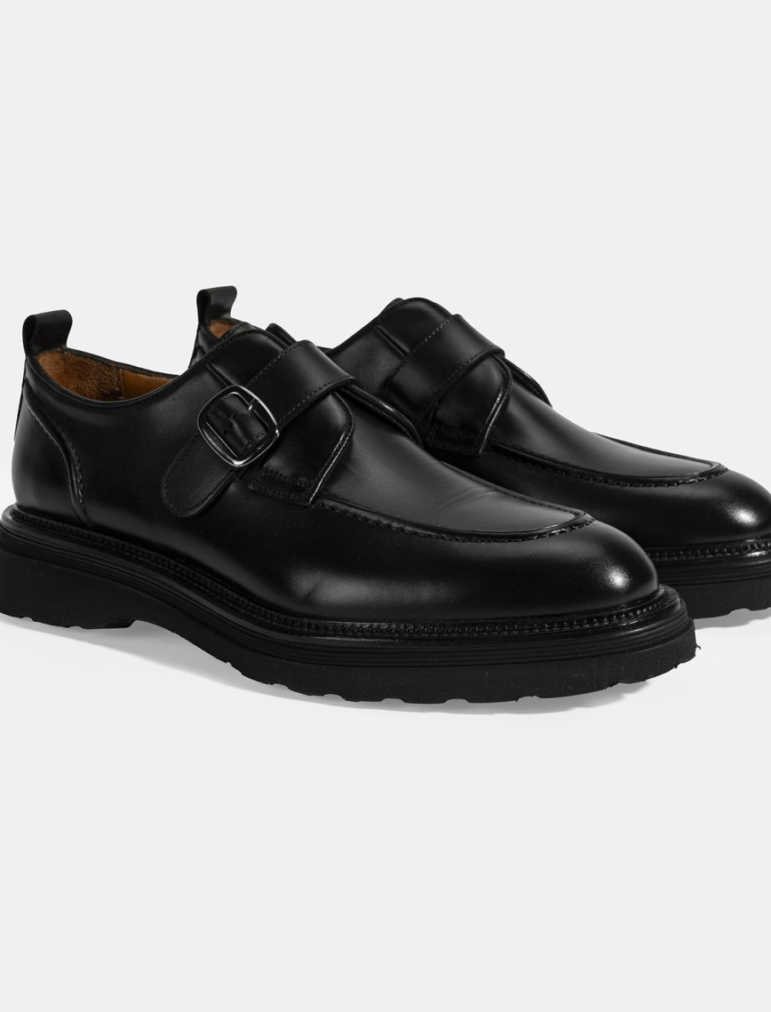 Erkek Siyah Ayarlanabilir Tokalı Deri Günlük Ayakkabı