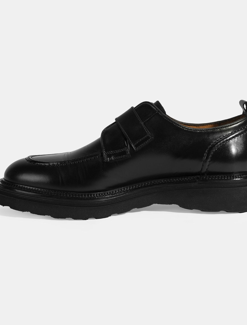 Erkek Siyah Ayarlanabilir Tokalı Deri Günlük Ayakkabı