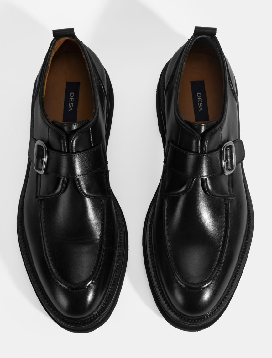 Erkek Siyah Ayarlanabilir Tokalı Deri Günlük Ayakkabı