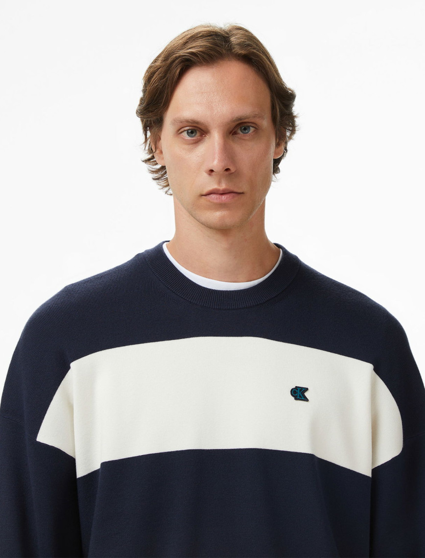 Calvin Klein Striped Snowy Relaxed Crew Erkek Mavi Triko Calvin Klein Striped Snowy Relaxed Crew Erkek Mavi Triko