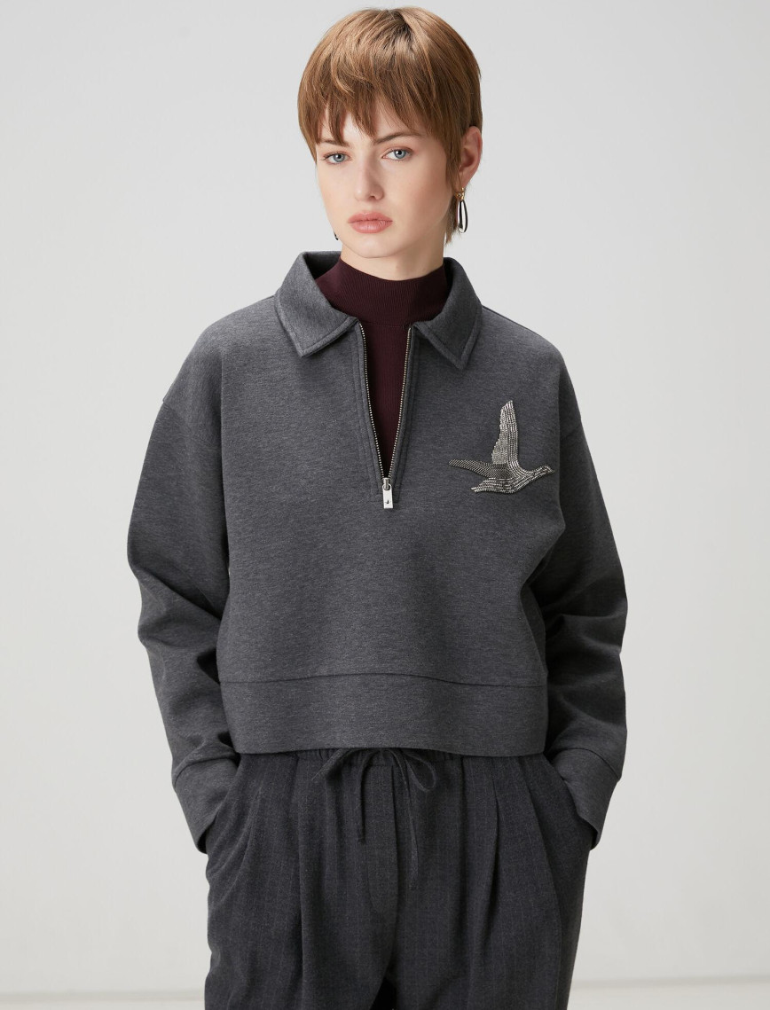 Beymen Club Kadın Koyu Gri Fermuarlı Polo Sweatshirt