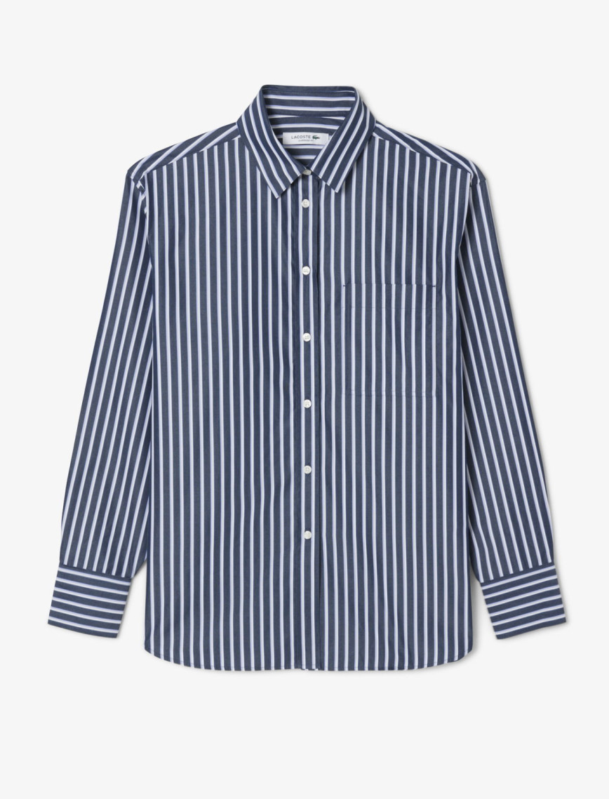 Lacoste Kadın Oversize Fit Düğmesiz Yaka Çizgili Lacivert Gömlek Lacoste Kadın Oversize Fit Düğmesiz Yaka Çizgili Lacivert Gömlek