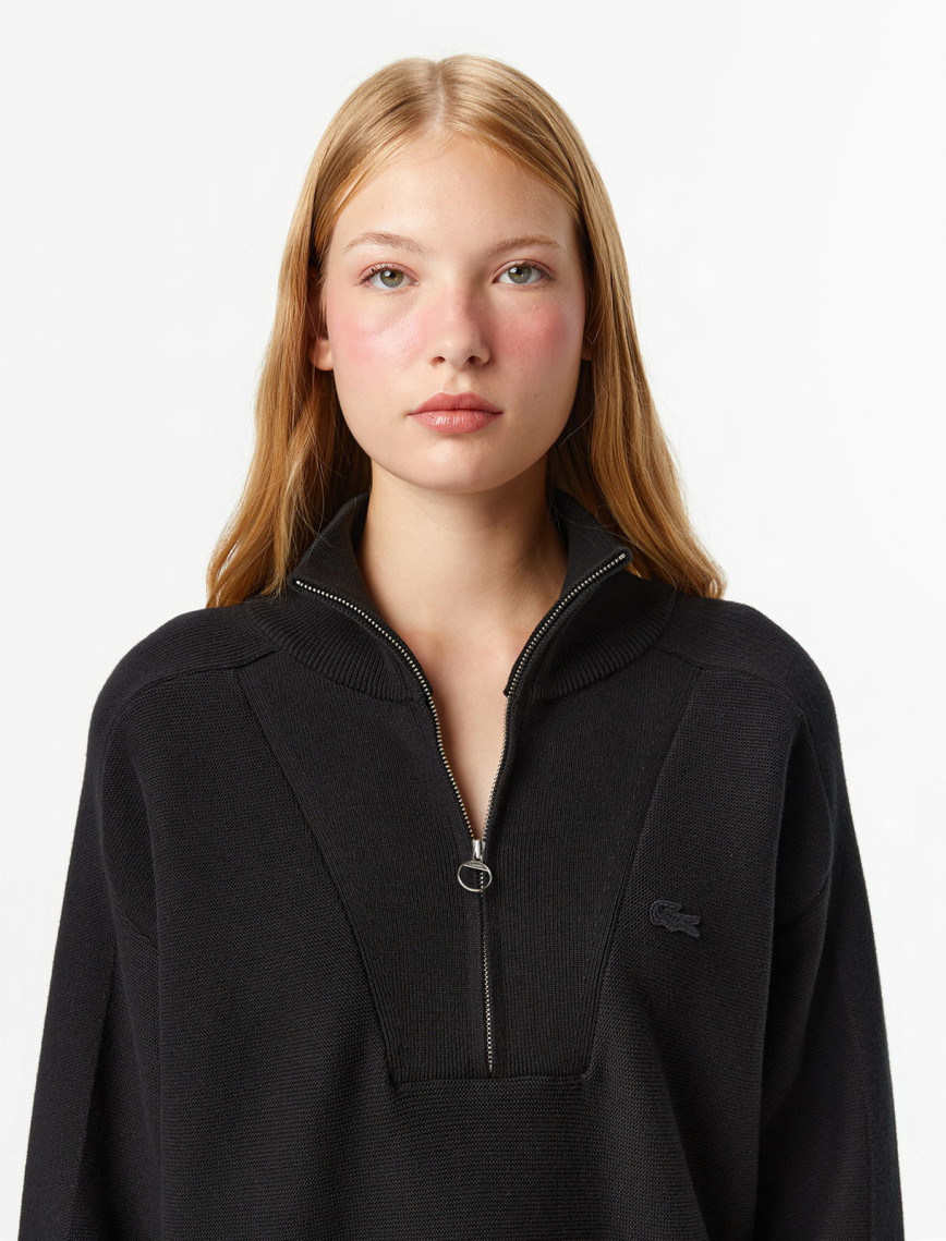 Lacoste Kadın Classic Fit Yarım Fermuarlı Siyah Kazak Lacoste Kadın Classic Fit Yarım Fermuarlı Siyah Kazak