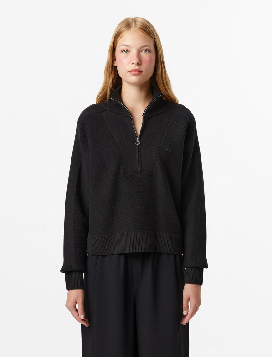 Lacoste Kadın Classic Fit Yarım Fermuarlı Siyah Kazak Lacoste Kadın Classic Fit Yarım Fermuarlı Siyah Kazak