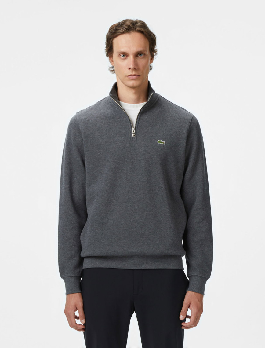 Lacoste Erkek Classic Fit Yarım Fermuarlı Gri Sweatshirt
