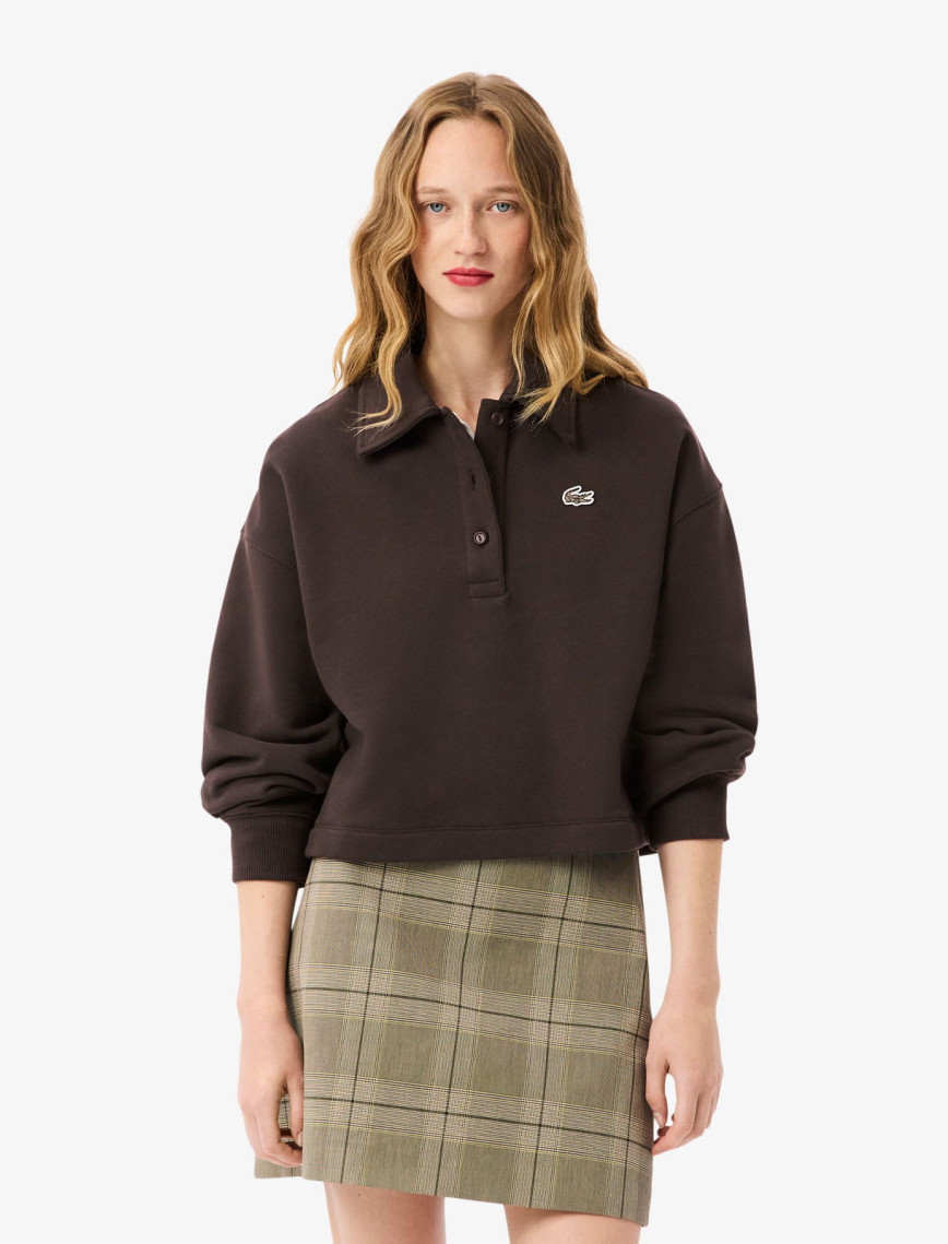 Lacoste Kadın Oversize Fit Polo Yaka Kahverengi Sweatshirt