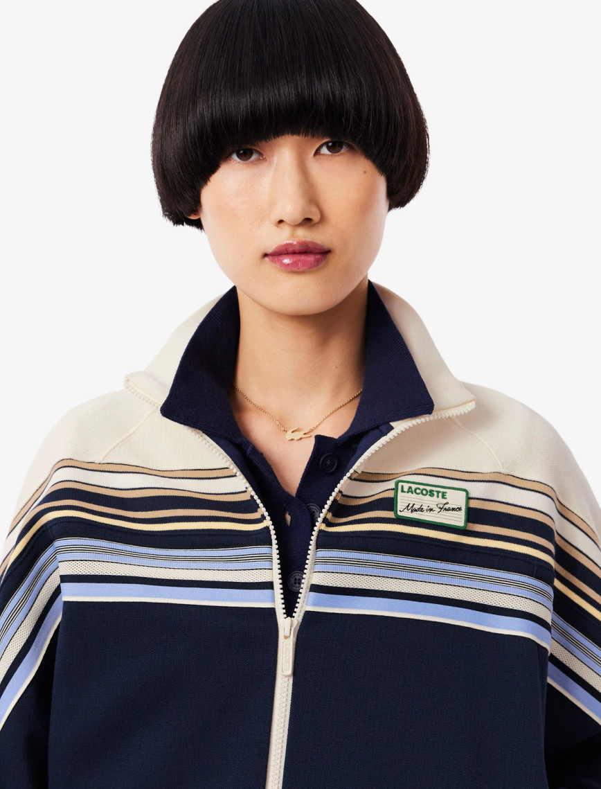 Lacoste Kadın Relaxed Fit Fermuarlı Çizgili Lacivert Sweatshirt