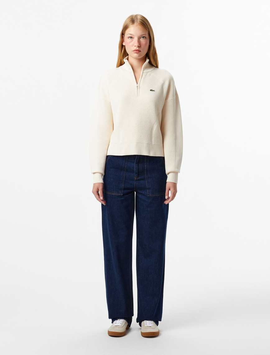 Lacoste Kadın Relaxed Fit Yarım Fermuarlı Krem Kazak Lacoste Kadın Relaxed Fit Yarım Fermuarlı Krem Kazak