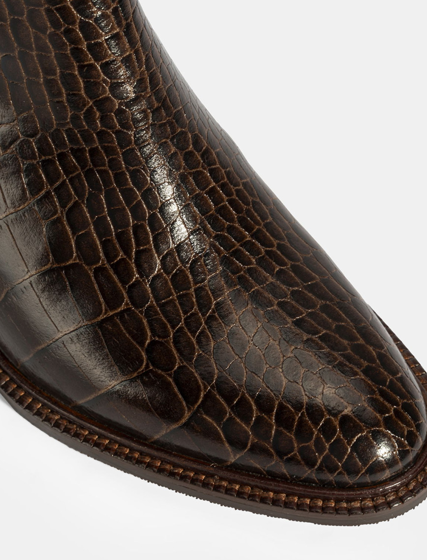 Kadın Kahve Kroko Baskılı Fermuarlı Deri Topuklu Bot Kadın Kahve Kroko Baskılı Fermuarlı Deri Topuklu Bot