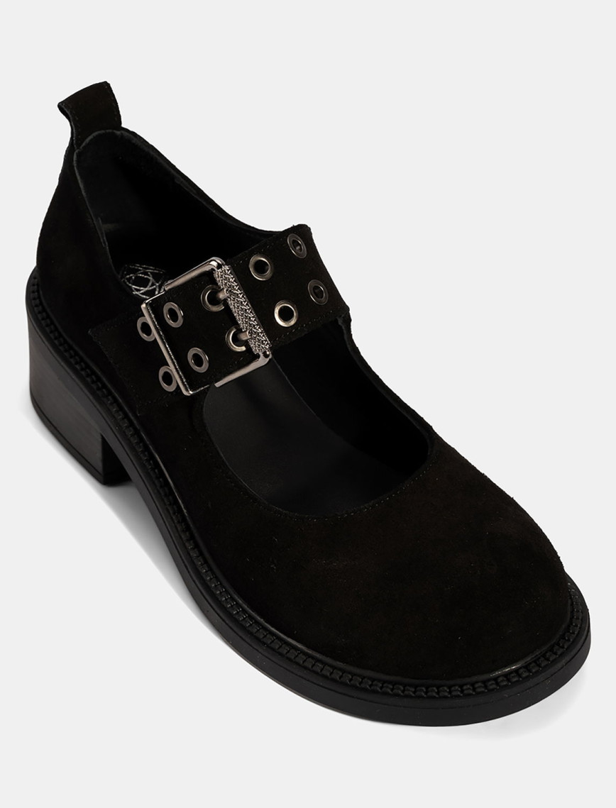 Kadın Siyah Ayarlanabilir Metal Tokalı Mary Jane Süet Ayakkabı Kadın Siyah Ayarlanabilir Metal Tokalı Mary Jane Süet Ayakkabı