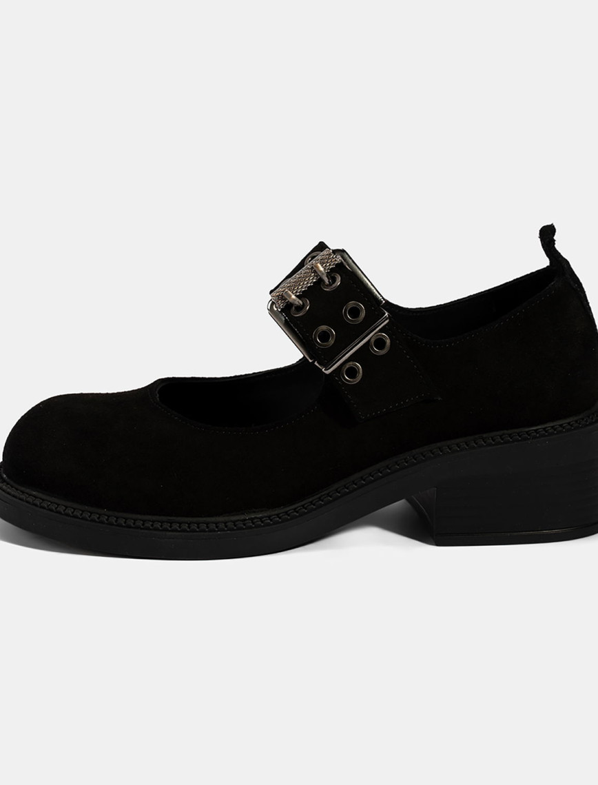 Kadın Siyah Ayarlanabilir Metal Tokalı Mary Jane Süet Ayakkabı Kadın Siyah Ayarlanabilir Metal Tokalı Mary Jane Süet Ayakkabı