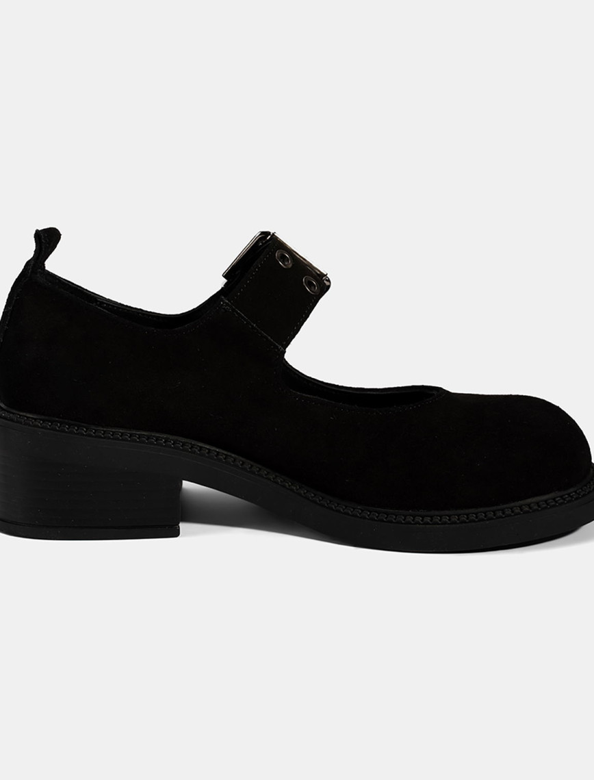 Kadın Siyah Ayarlanabilir Metal Tokalı Mary Jane Süet Ayakkabı Kadın Siyah Ayarlanabilir Metal Tokalı Mary Jane Süet Ayakkabı