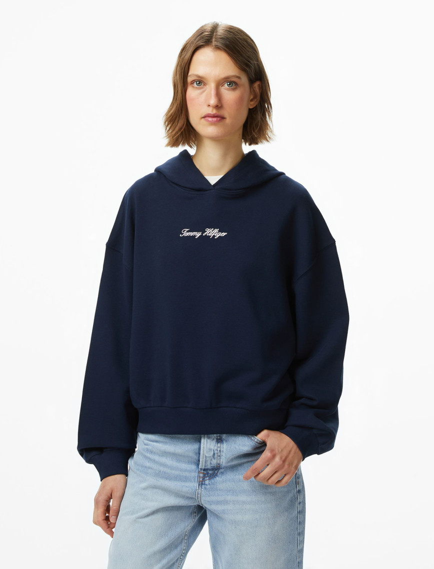 Tommy Hilfiger Classic Script Terry Kadın Mavi Hoodie Tommy Hilfiger Classic Script Terry Kadın Mavi Hoodie