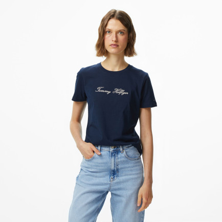 Tommy Hilfiger Lurex Script Regular Kadın Mavi T-Shirt Tommy Hilfiger Lurex Script Regular Kadın Mavi T-Shirt
