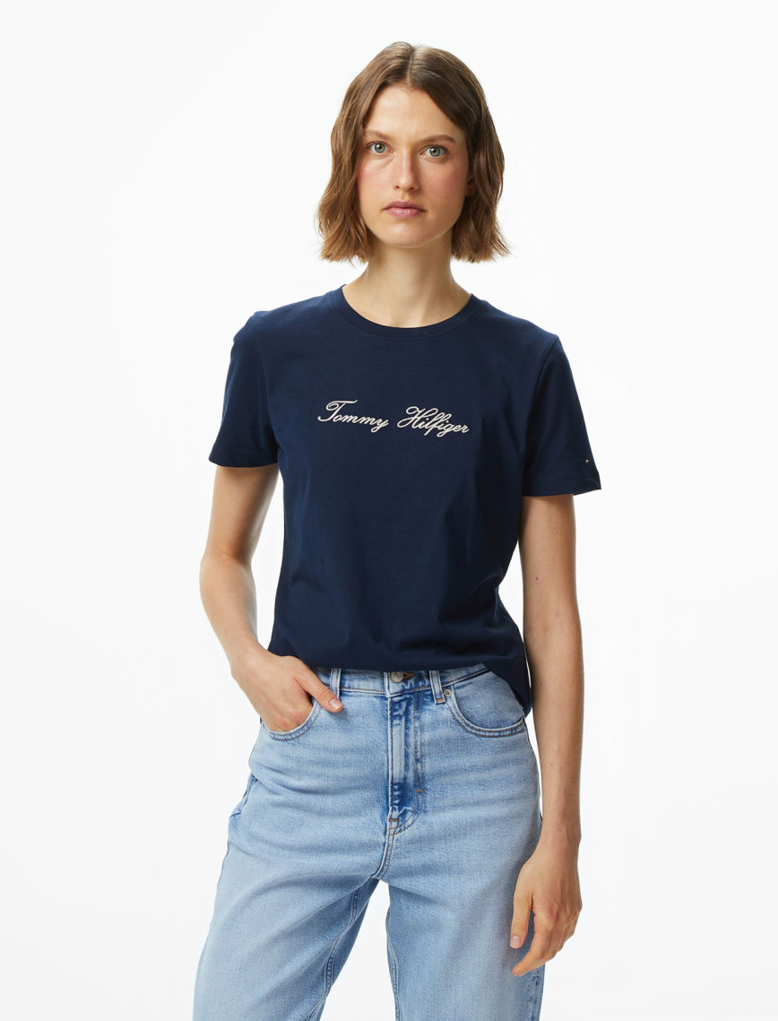 Tommy Hilfiger Lurex Script Regular Kadın Mavi T-Shirt Tommy Hilfiger Lurex Script Regular Kadın Mavi T-Shirt