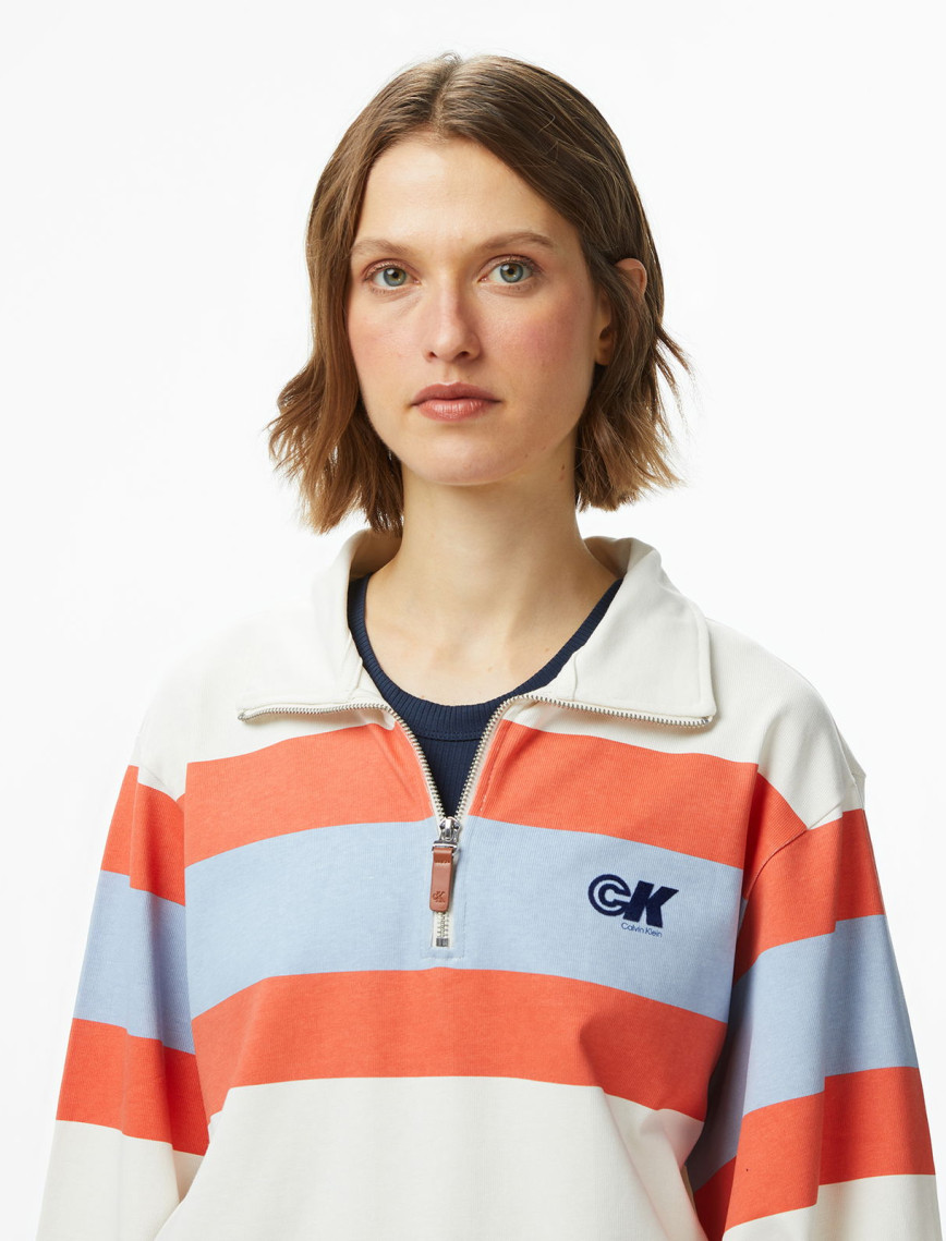 Calvin Klein Rugby Zip Stripe Kadın Beyaz Sweatshirt