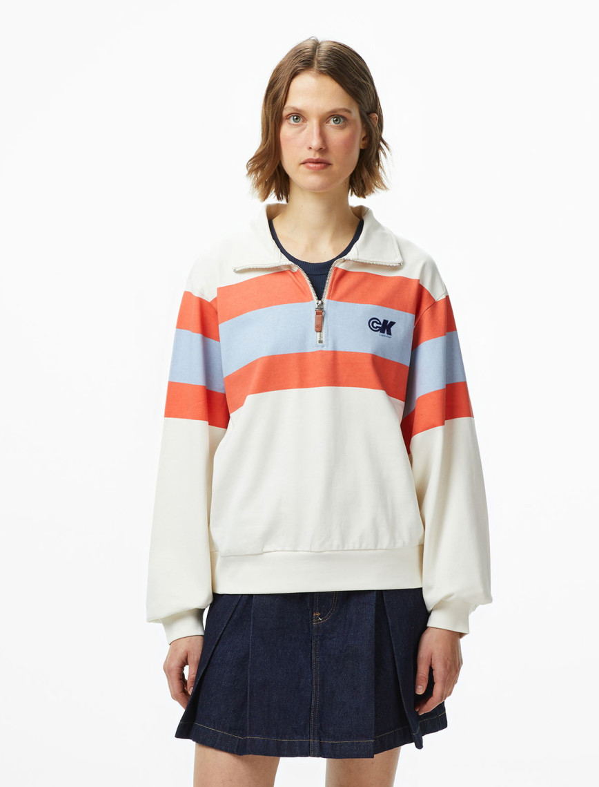 Calvin Klein Rugby Zip Stripe Kadın Beyaz Sweatshirt