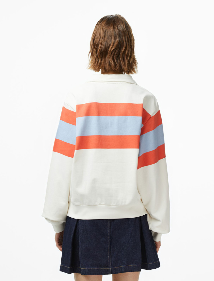 Calvin Klein Rugby Zip Stripe Kadın Beyaz Sweatshirt