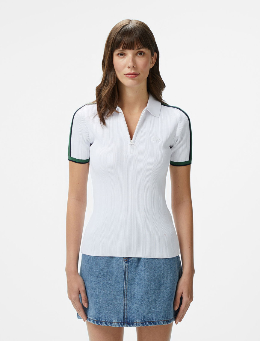 Lacoste Kadın Slim Fit Kısa Kollu Yarım Fermuarlı Beyaz Triko Lacoste Kadın Slim Fit Kısa Kollu Yarım Fermuarlı Beyaz Triko