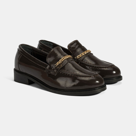 Kadın Kahve Zincir Aksesuarlı Deri Loafer