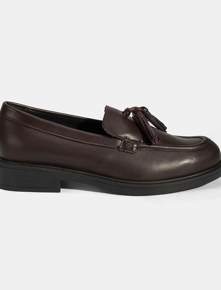 Kadın Bordo Püskül Detaylı Deri Loafer Kadın Bordo Püskül Detaylı Deri Loafer