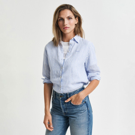 GANT Kadın Mavi Regular Fit Klasik Yaka Çizgili Keten Gömlek GANT Kadın Mavi Regular Fit Klasik Yaka Çizgili Keten Gömlek