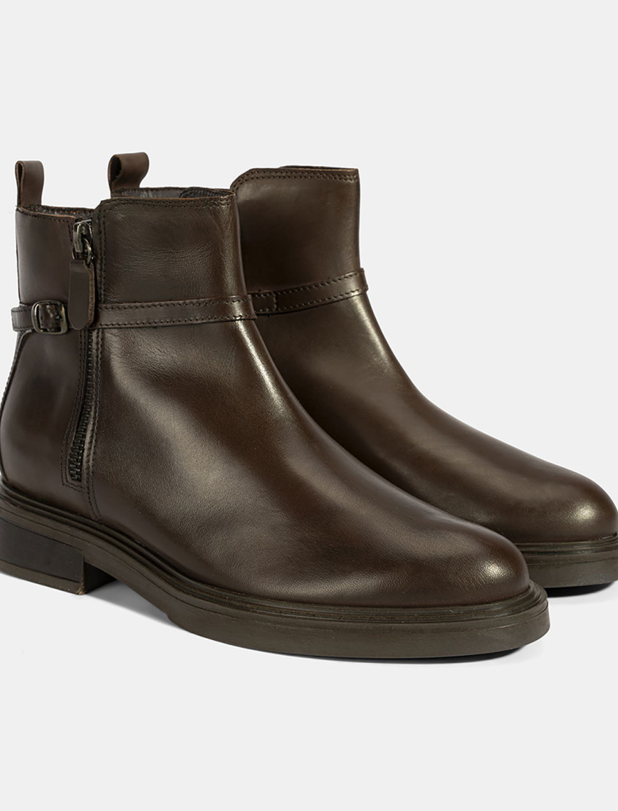 Kadın Kahve Metal Toka Detaylı Fermuarlı Deri Bot Kadın Kahve Metal Toka Detaylı Fermuarlı Deri Bot