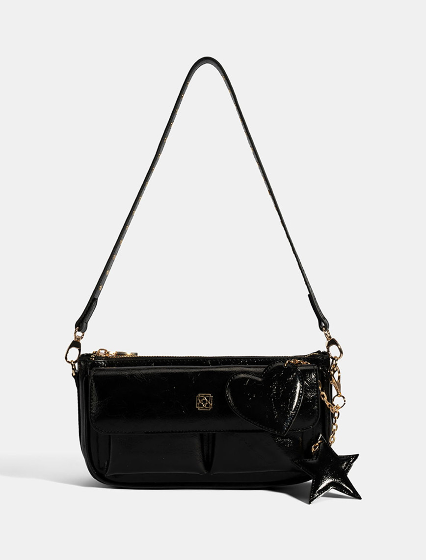 Kadın Siyah Yıldız / Kalp Charm Aksesuarlı Omuz Çantası