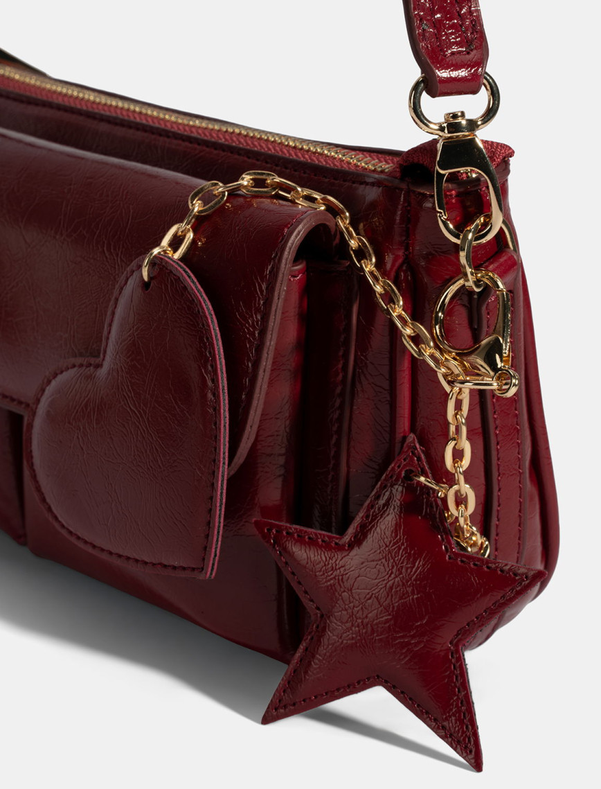 Kadın Bordo Yıldız / Kalp Charm Aksesuarlı Omuz Çantası
