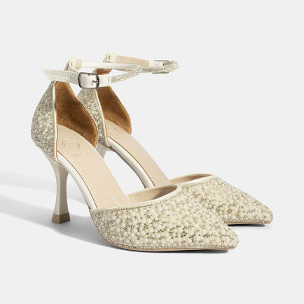 Kadın Beyaz Ayarlanabilir Tokalı Taşlı Gelin Ayakkabısı