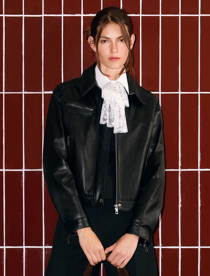 Kadın Siyah Yakalı Deri Bomber Ceket Kadın Siyah Yakalı Deri Bomber Ceket