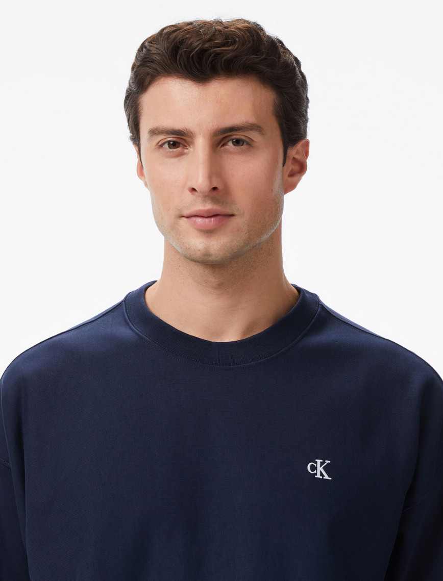 Calvin Klein Premium Terry Monogram Erkek Mavi Sweatshirt