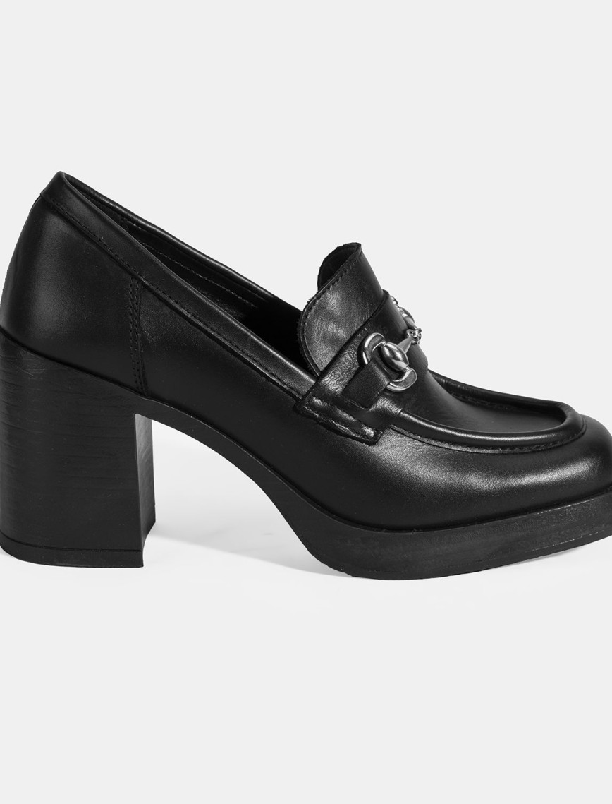 Kadın Siyah Metal Toka Detaylı Kalın Topuklu Loafer Kadın Siyah Metal Toka Detaylı Kalın Topuklu Loafer