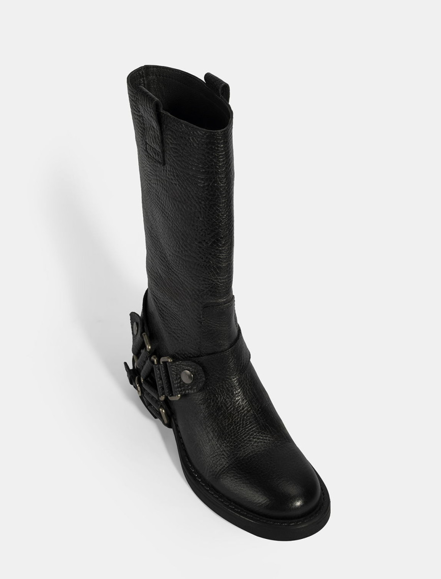 Kadın Siyah Metal Aksesuarlı Deri Biker Bot Kadın Siyah Metal Aksesuarlı Deri Biker Bot