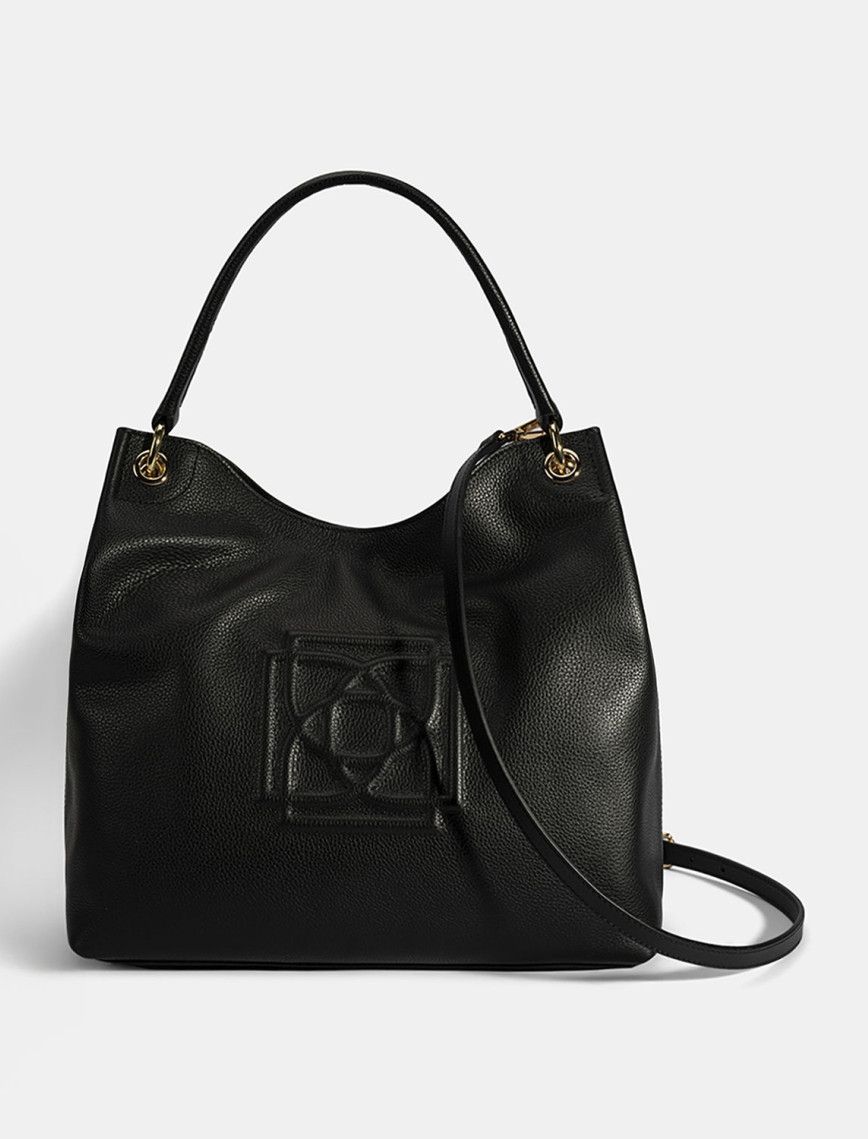 Kadın Siyah Logo Baskılı Deri Omuz Çantası Kadın Siyah Logo Baskılı Deri Omuz Çantası
