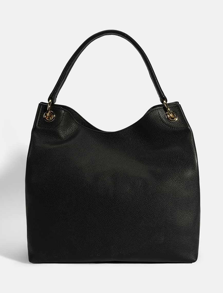 Kadın Siyah Logo Baskılı Deri Omuz Çantası Kadın Siyah Logo Baskılı Deri Omuz Çantası