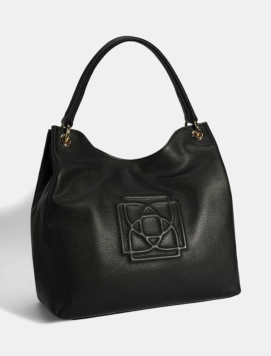 Kadın Siyah Logo Baskılı Deri Omuz Çantası Kadın Siyah Logo Baskılı Deri Omuz Çantası
