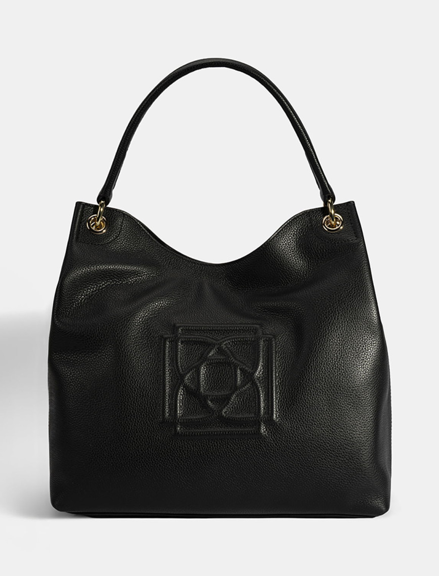 Kadın Siyah Logo Baskılı Deri Omuz Çantası Kadın Siyah Logo Baskılı Deri Omuz Çantası